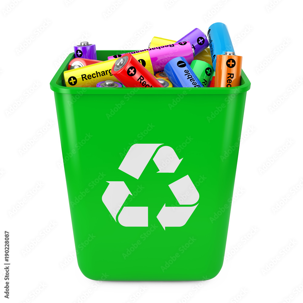 Poster heap of rechargeable batteries in green bucket with recycle sign. 3d rendering