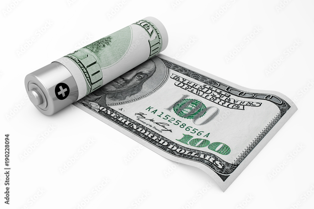 Poster Save Money Concept. Rechargeable Battery Covered with Dollar Notes. 3d Rendering