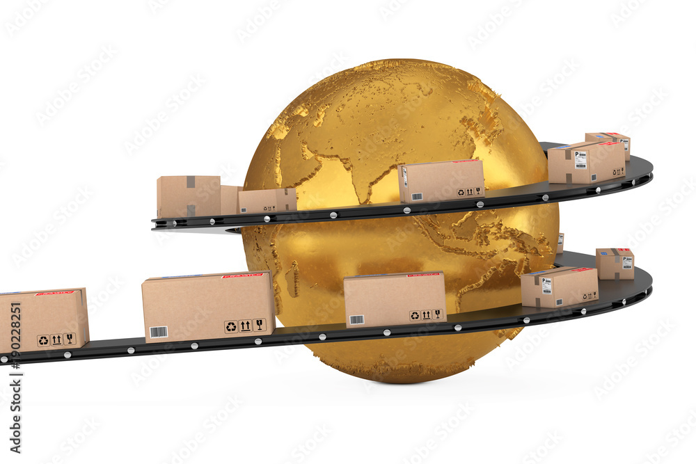 Poster global shipping and logistic concept. gold earth globe surrounded by cardboard boxes with parcel goo