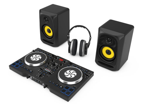 DJ Mixing Turntable with Speakers and Headphone. 3d Rendering