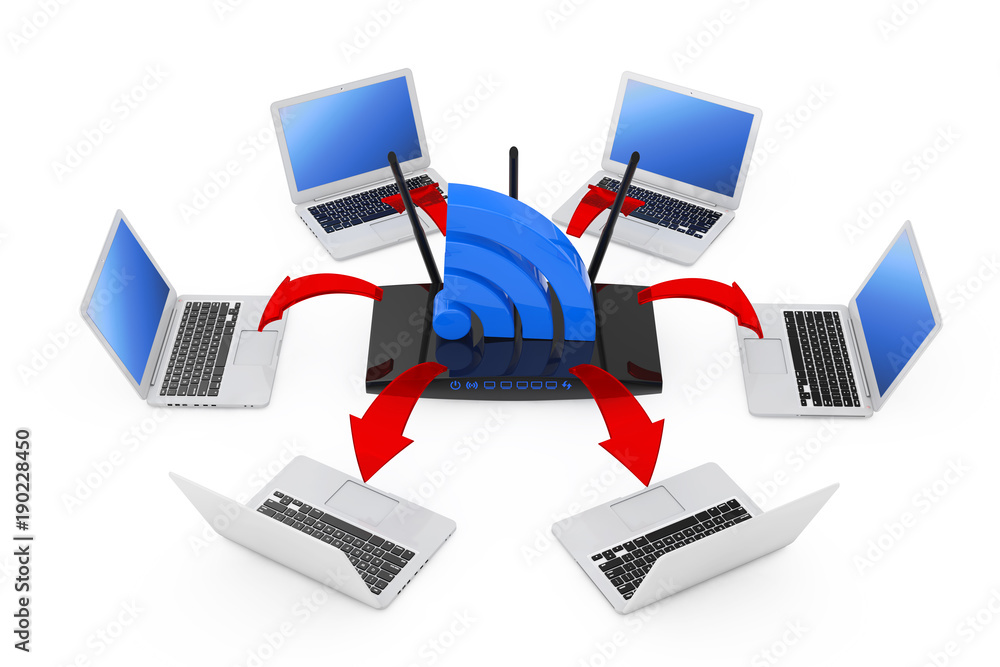 Poster laptops arranged in a circle around a modern wifi router and wifi sign with glowing red arrows conne