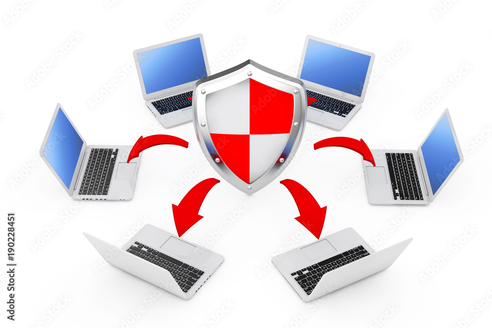 Leinwandbilder laptops arranged in a circle around a protective shield with glowing red arrows connections. 3d rend