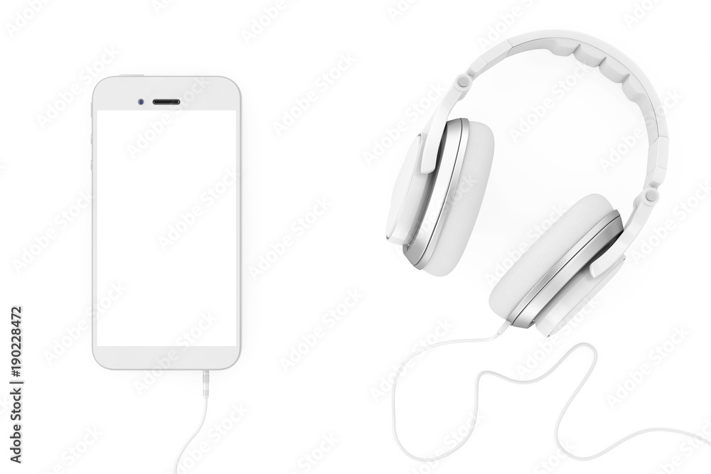 Aufkleber headphones near mobile phone with blank touchscreen for yours design. 3d rendering