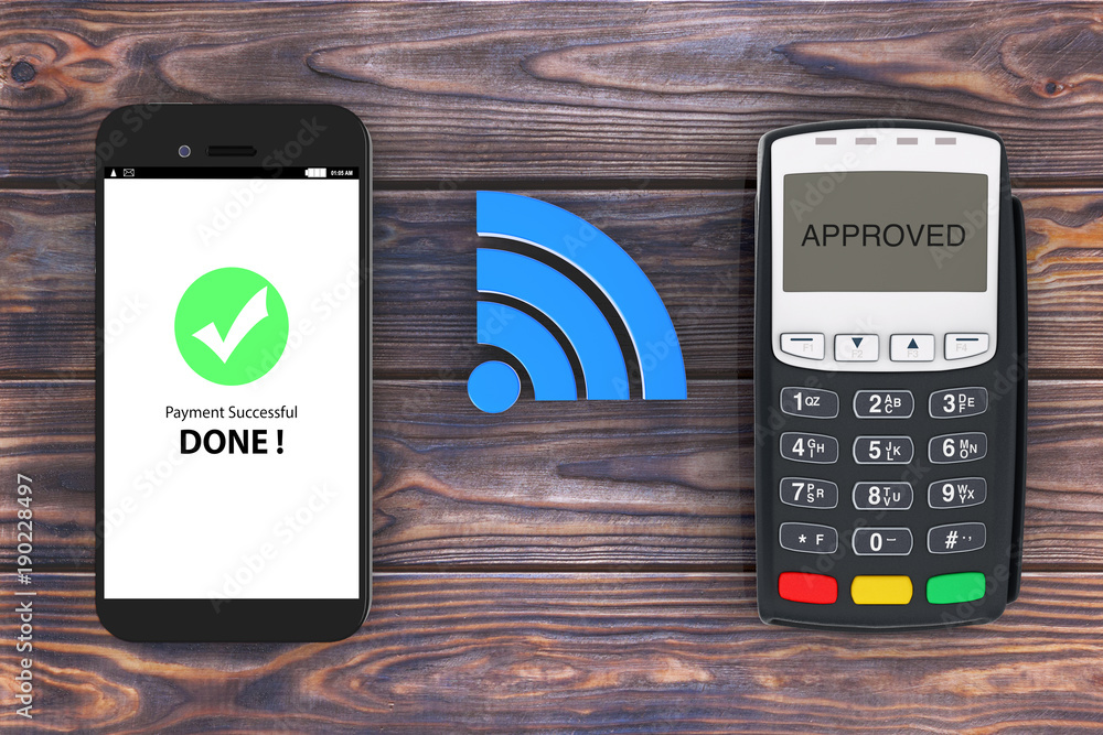 Aufkleber Wireless Payment Concept. Mobile Phone with POS Terminal and Wireless Sign. 3d Rendering