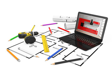 Drill, Ruler, Pencils, Laptop and Blueprints of Housing Project Plan. 3d Rendering