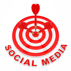 Social Media Target Audience Concept. Social Media Sign near Darts Hitting The Target. 3d Rendering