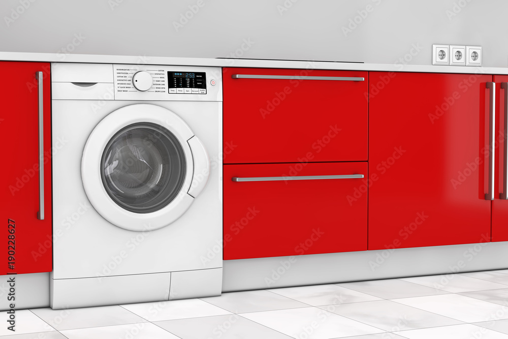 Aufkleber red modern kitchen with build-in washing machine. 3d rendering
