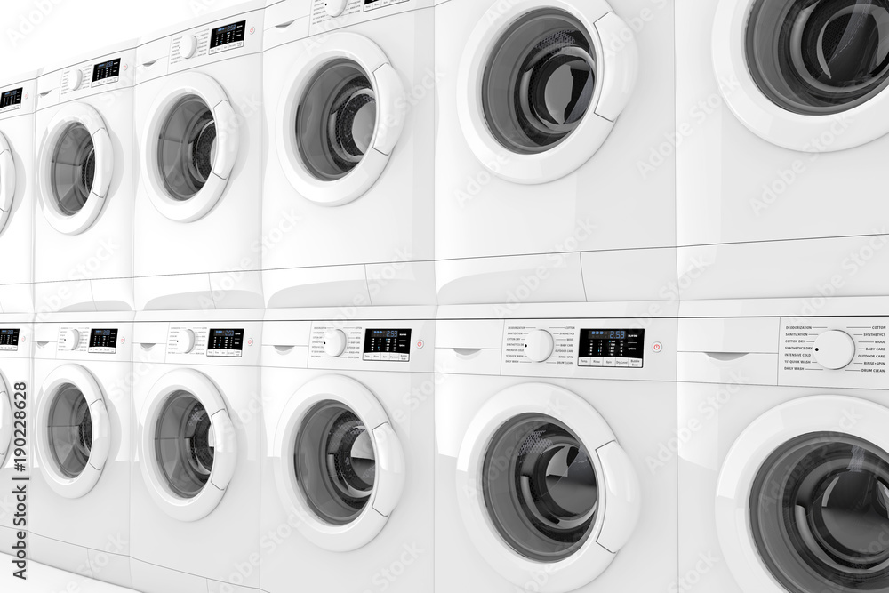Aufkleber row of modern washing machines. 3d rendering