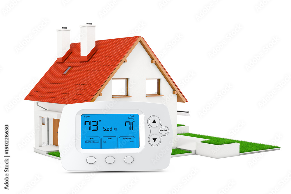 Poster modern programming wireless thermostat controller near modern cottage house with red roof and green 