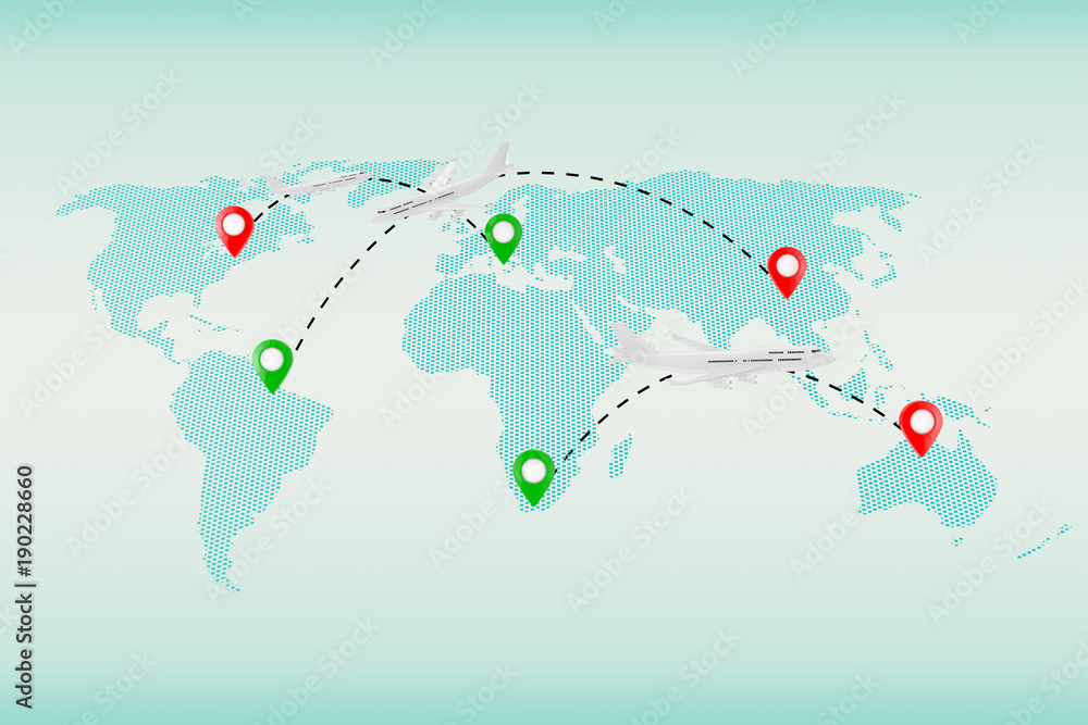 Poster White Jet Passenger's Airplanes Traffic over World Map with Map Pointers and Routes. 3d Rendering