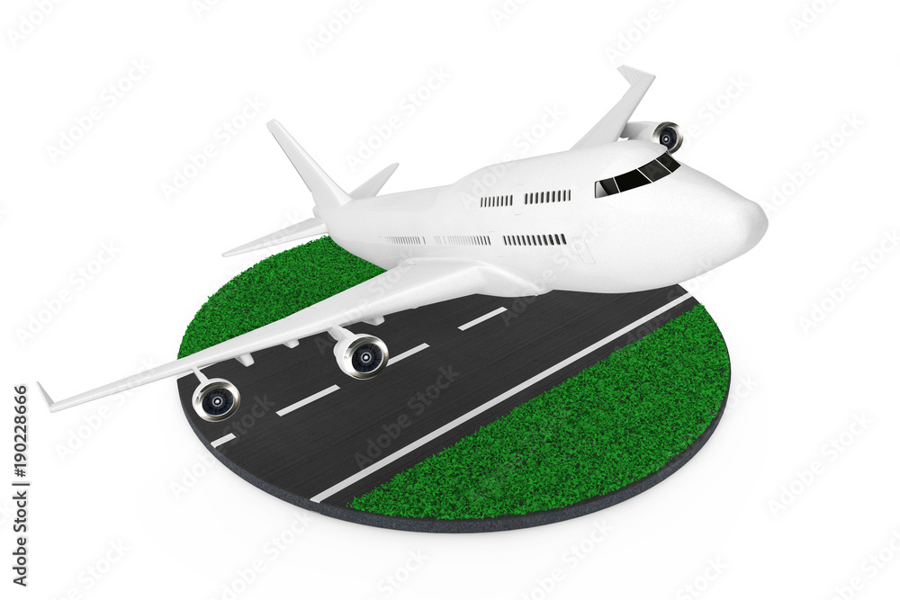 Poster white jet passenger's airplane take-off from abstract runway . 3d rendering