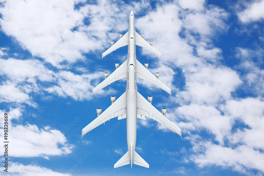 Aufkleber Row of White Jet Passenger's Airplanes in the Sky. 3d Rendering