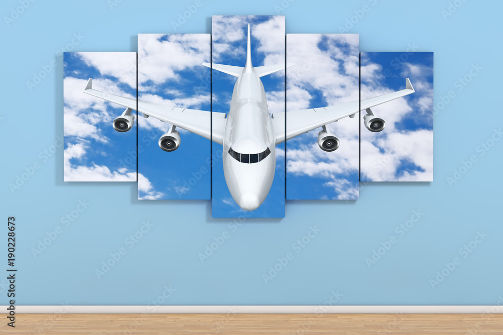 Aufkleber Airplane in the Sky Poster in Empty Room on a Blue. 3d Rendering