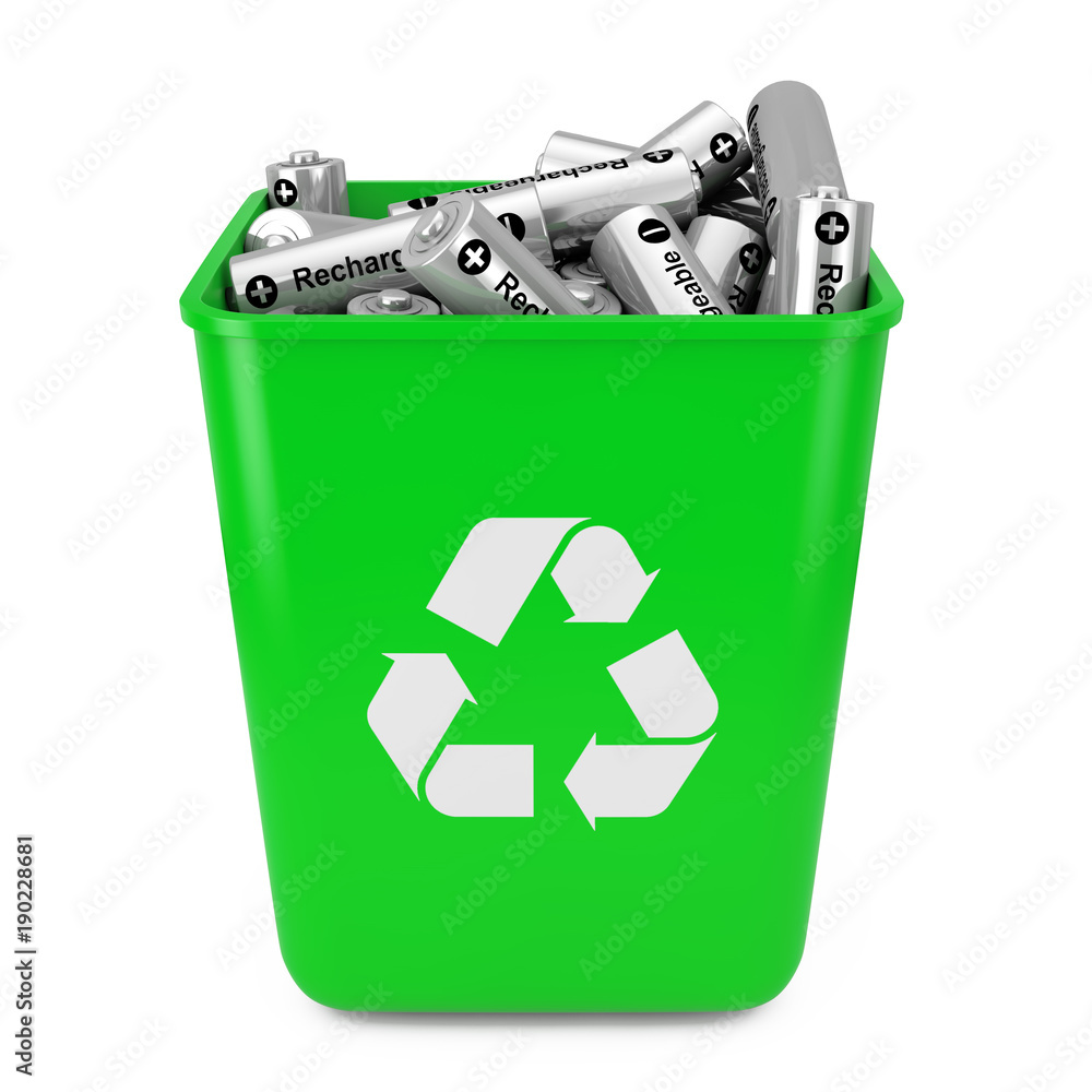 Aufkleber Heap of Rechargeable Batteries in Green Bucket with Recycle Sign. 3d Rendering