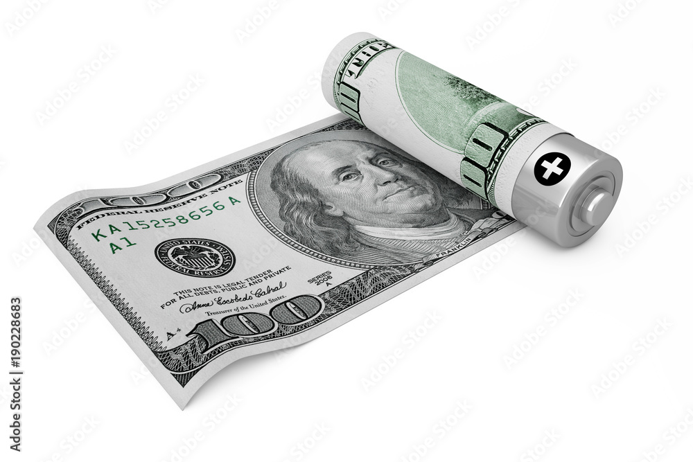 Aufkleber save money concept. rechargeable battery covered with dollar notes. 3d rendering