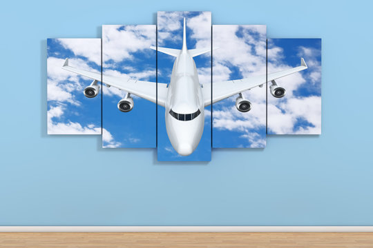 Airplane in the Sky Poster in Empty Room on a Blue. 3d Rendering