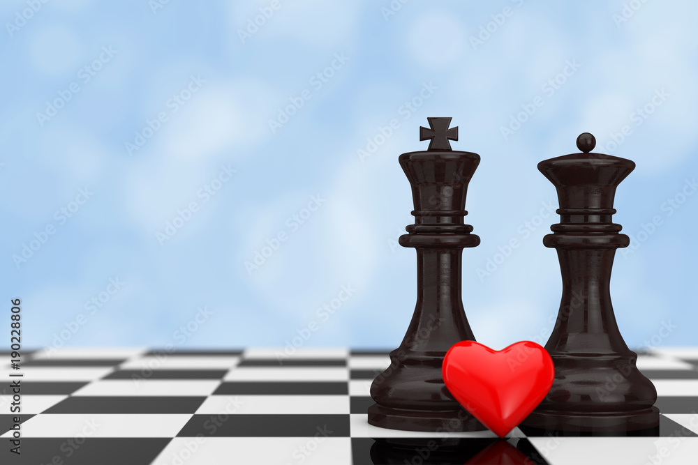 Poster love concept. chess king and queen figures with red heart over chessboard. 3d rendering