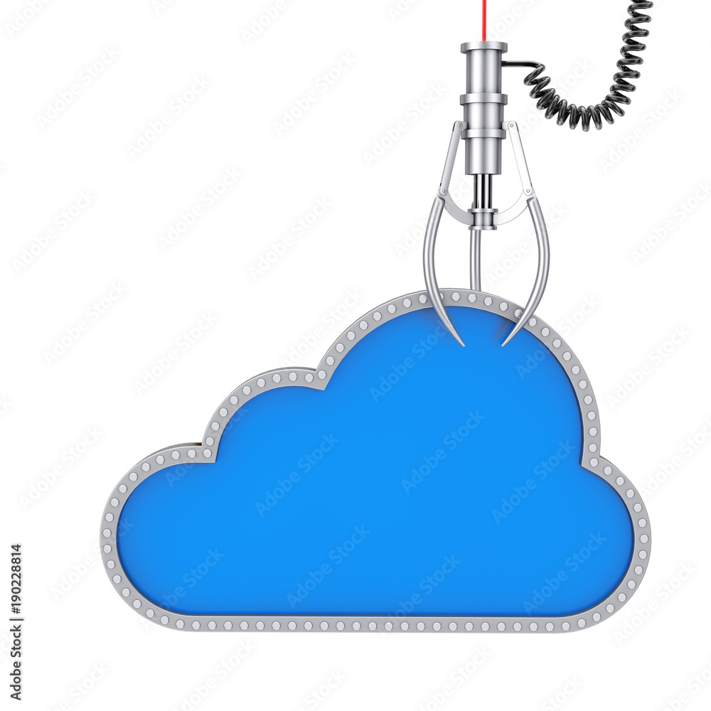 Poster cloud computing symbol in a chrome robotic claw. 3d rendering