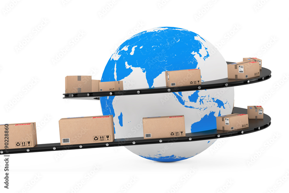 Poster global shipping and logistic concept. earth globe surrounded by cardboard boxes with parcel goods ov