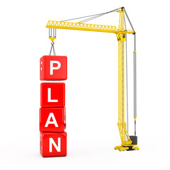 Business Strategy Concept. Red Plan Cubes Construction with Tower Crane. 3d Rendering