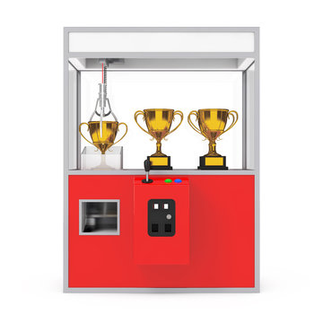 Carnival Red Toy Claw Crane Arcade Machine with Golden Trophy. 3d Rendering