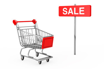 Red Pole Sale Sign near Shopping Cart. 3d Rendering