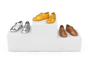 Gold, Silver and Bronze Sneakers over White Winners Podium. 3d Rendering