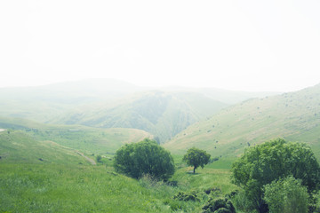 Mountain valley. Mountains, green meadow and trees. Fog above the horizon. Armenia.