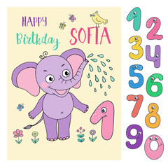 Cute elephant with cute and funny colorful number characters