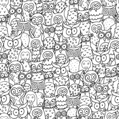 Seamless square pattern with funny cartoon different owls.