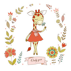Cute giraffe with vintage frame for your design in doodle style.