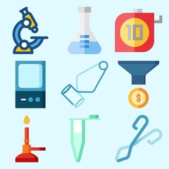 Icons set about Laboratory with funnel, microscope, dropping liquid, separator funnel, measuring and flask