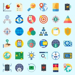 Icons set about Marketing with pie chart, search, money, newspaper, shield and line graph