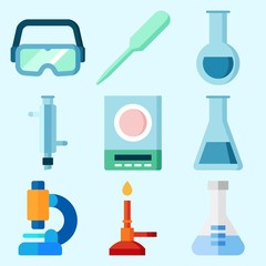 Icons set about Laboratory with condenser, test tube, measuring, dropper, microscope and flask