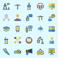 Icons set about School And Education with library, megaphone, lamp, tie, projector and pen
