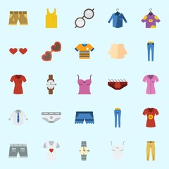 Icons set about Man Clothes with watch, sleeveless, sunglasses, short, shirt and trousers