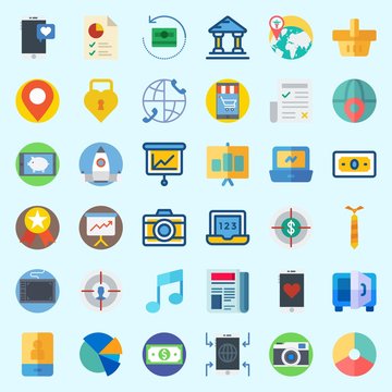 Icons set about Digital Marketing with location, smartphone, worldwide, medal, note and photo camera