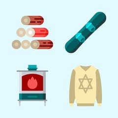 Icons set about Winter with stove, wood, sweater and snowboard