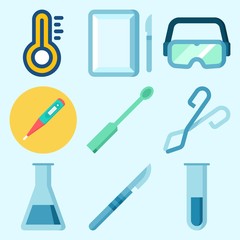 Icons set about Laboratory with ladle, secure glasses, test tube, thermometer, surgery and separator funnel