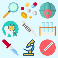 Fototapeta na wymiar Icons set about Medical with tooth, loupe, pill, thermometer, microscope and pipette