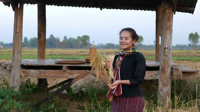 4k video of farmer woman holding rice in field