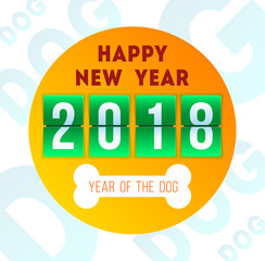 Happy New Year 2018. Year of the yellow dog. Banner with mechanical clock on digits board panel. Design for greeting card, poster or web pages for celebrating 2018 year.