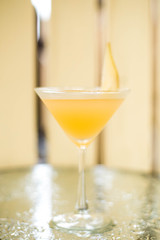 Alcohol bar, cocktail glass on bar counter, cocktail glass in a bar, Drinking cocktail in bar, cocktail in the glass with straws, Fresh drink coctail on a color background