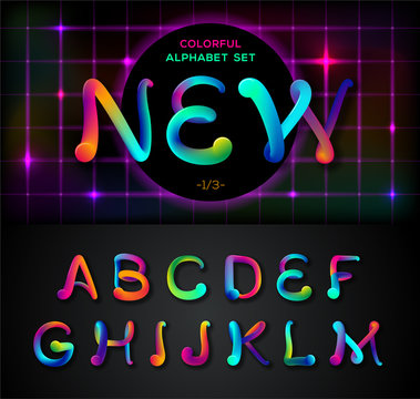 Colorful Dynamic Liquid Ink Alphabet. Color Mixing Thick Oil Paint Font In Style 80s. Neon Rainbow Alphabet! Set Of 1\3