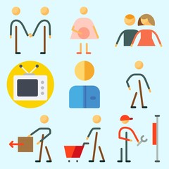Icons set about Human with reperation, walker, stick man, friendly, television and repereter