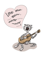 A cat with the guitar, singing and heart speech bubble. Vector illustration isolated.