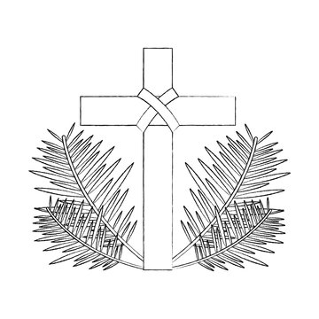 sacred cross religious with frond branches vector illustration sketch design