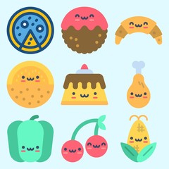 Icons set about Food with croissant, corn, bell pepper, chicken leg, pudding and cherry