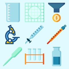 Icons set about Laboratory with funnel, kipp's apparatus, dropper, microscope, test tubes and beaker