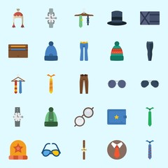 Icons set about Man Accessories with watch, winter hat, sunglasses, tie, top hat and wallet